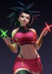  1girl black_eyes black_hair closed_mouth dark_background dragon_ball dragon_ball_super earrings energy_ball jewelry kefla_(dragon_ball) long_hair looking_at_viewer midriff navel potara_earrings saiyan simple_background spiked_hair toned vambraces zetman92 