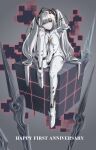  1girl absurdres bodysuit brown_eyes cross-shaped_pupils elizi english_text floating floating_hair_ornament floating_object floating_weapon highres long_hair luna_(punishing:_gray_raven) mechanical_foot punishing:_gray_raven sitting twintails white_bodysuit white_hair 