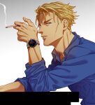  1boy blonde_hair blue_eyes blue_shirt cigarette collared_shirt holding holding_cigarette jujutsu_kaisen kijinkutsu long_sleeves male_focus nanami_kento parted_lips shirt short_hair sleeves_rolled_up smoking solo upper_body watch 