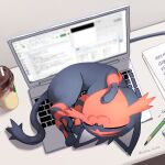  :3 animal_focus cat closed_eyes closed_mouth coffee_cup commentary_request computer cup disposable_cup full_body highres indoors jako_(boke_poke) laptop litten lying paper pencil pokemon sleeping smile 
