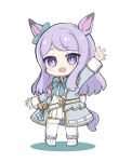  1girl :d animal_ears arm_up bangs blush boots bow chibi commentary_request ear_ribbon full_body green_bow green_ribbon grey_jacket highres horse_ears horse_girl horse_tail jacket mejiro_mcqueen_(umamusume) nozo_(hitomiz) pleated_skirt purple_eyes purple_hair ribbon shadow simple_background skirt smile solo standing swept_bangs tail thighhighs thighhighs_under_boots umamusume white_background white_footwear white_skirt white_thighhighs 