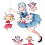  3girls :o apron ascot bat_wings black_footwear blonde_hair blue_eyes blue_hair blue_skirt blue_vest blush braid breasts chibi closed_eyes doko_ni_demo_iru_bakana_shojo fang flandre_scarlet frilled_apron frilled_skirt frills grey_hair hair_between_eyes hat hat_ribbon highres izayoi_sakuya maid maid_headdress mary_janes medium_breasts medium_hair mob_cap multicolored_wings multiple_girls open_mouth pink_headwear pink_shirt pink_skirt puffy_short_sleeves puffy_sleeves red_ribbon red_skirt red_vest remilia_scarlet ribbon ribbon-trimmed_headwear ribbon_trim shirt shoes short_hair short_sleeves side_ponytail simple_background skin_fang skirt skirt_set sweatdrop touhou twin_braids vest waist_apron white_apron white_background white_headwear white_shirt wings yellow_ascot 