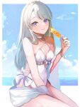  1girl beach blue_sky breasts cleavage cloud day flower food grey_hair hair_flower hair_ornament highres horizon kantai_collection long_hair looking_at_viewer o-ring ocean official_alternate_costume one-piece_swimsuit outdoors popsicle purple_eyes ranran_3939 revision sagiri_(kancolle) simple_background sky small_breasts solo swimsuit 