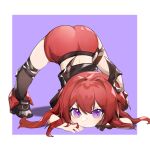  1girl absurdres arknights black_shirt chinese_commentary commentary_request demon_horns hair_intakes highres horns jack-o&#039;_challenge kneehighs long_hair official_alternate_costume purple_eyes red_hair red_skirt shirt skirt socks solo surtr_(arknights) surtr_(liberte_echec)_(arknights) tabayashi 