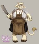  2022 5_fingers anthro apron artist_name babywife big_breasts blue_eyes bottomwear bovid bovine breasts cattle cleavage cleaver_(knife) clothed clothing cloven_hooves cutlery eyebrows eyelashes female fingers fur hair holding_cleaver hooves horn huge_breasts kitchen_knife kitchen_utensils knife looking_at_viewer mammal nipple_outline shirt short_hair simple_background skirt smile solo standing t-shirt tan_background tan_body tan_fur tan_hair tarmah_(dulcine) text tools topwear url watermark 