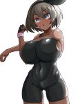  1girl bea_(pokemon) breasts dark_skin gloves grey_eyes grey_hair hair_between_eyes highres hizakake huge_breasts partially_fingerless_gloves pokemon pokemon_(game) pokemon_swsh short_hair simple_background single_glove solo tan thighs white_background 