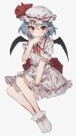  1girl bat_wings blue_hair bobby_socks dress grey_background hat hat_ribbon highres looking_at_viewer mob_cap pointy_ears red_ribbon remilia_scarlet ribbon shone socks solo touhou white_headwear wings wrist_cuffs 