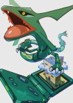  black_sclera claws colored_sclera commentary_request dragon eastern_dragon fangs game_boy_advance_sp handheld_game_console highres looking_up no_humans open_mouth pokemon pokemon_(creature) rayquaza rock saiku_(zvlku) simple_background solo tongue white_background yellow_eyes 