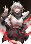  1girl ahoge antennae arknights bangs black_jacket black_shorts chinese_commentary closed_eyes commentary_request demon_horns grey_hair grey_tank_top highres horns jacket official_alternate_costume open_clothes open_jacket open_mouth shorts tabayashi tank_top w_(arknights) waving 