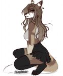  2021 anthro artist_name black_bottomwear black_clothing black_leggings black_legwear black_skirt bottomwear brown_eyes brown_hair brown_nose canid canine canis clothed clothing digital_media_(artwork) dipstick_tail ear_piercing eyebrows eyelashes female fur hair hi_res inner_ear_fluff kingwieler leggings legwear lidded_eyes looking_at_viewer mammal markings multicolored_body multicolored_fur nue_(kingwieler) piercing skirt smile solo tail_markings text topwear tuft two_tone_body two_tone_face two_tone_fur url white_body white_fur wolf 