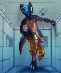  anthro balls claws clothing digital_media_(artwork) foreskin genitals hair hi_res kangaroo macropod male mammal marsupial nude penis public shower skollarts solo swimwear undressing 