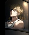  1boy absurdres ajrtkf44 blonde_hair car car_interior chainsaw_man denji_(chainsaw_man) eyepatch frown ground_vehicle highres lamppost light looking_to_the_side motor_vehicle orange_eyes shade short_hair sitting solo tank_top 