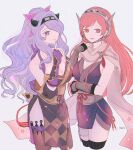  2girls bangs bare_shoulders black_gloves breasts camilla_(fire_emblem) cape cherche_(fire_emblem) cleavage collarbone d_kenpis finger_to_mouth fingerless_gloves fire_emblem fire_emblem_awakening fire_emblem_fates fire_emblem_heroes fishnet_pantyhose fishnets floral_print gloves hair_over_one_eye headband highres kunai large_breasts long_hair medium_breasts multiple_girls nail_polish ninja official_alternate_costume official_alternate_hairstyle pantyhose parted_bangs parted_lips pelvic_curtain ponytail purple_eyes purple_hair purple_nails red_eyes red_hair shuriken_hair_ornament sidelocks weapon wrist_guards 