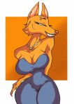  anthro big_breasts blue_clothing blue_dress breasts canid canine clothing collar diane_foxington dreamworks dress female fox green_eyes hands_behind_back hi_res mammal orange_body piercing pink_nose rentressy smile solo the_bad_guys thick_thighs 