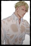  1boy blonde_hair expressionless highres jujutsu_kaisen kijinkutsu lips male_focus nanami_kento shirt short_hair solo twitter_username upper_body water_drop wet wet_clothes wet_hair wet_shirt white_background white_shirt yellow_eyes 