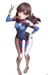 1girl absurdres animal_print artist_name bangs bodysuit breasts brown_eyes brown_hair bunny_print d.va_(overwatch) facial_mark full_body gloves hand_on_hip highres long_hair looking_at_viewer medium_breasts multicolored_bodysuit multicolored_clothes overwatch parted_lips smile solo standing v whisker_markings white_background white_gloves x_xith_x 