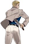  1boy ass belt blonde_hair blue_shirt cowboy_shot formal from_behind goggles grey_pants grey_suit highres holding holding_weapon jujutsu_kaisen long_sleeves male_focus mochiya_(mochiya0504) nanami_kento pants shirt short_hair solo standing suit weapon white_background 