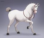  altivo black_eyes black_hooves braided_mane braided_tail equid equine feral grey_background grey_tail harness hooves horse jenery looking_at_viewer male mammal raised_hoof raised_leg signature simple_background solo the_road_to_el_dorado white_body 