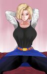  1girl alkanoid743 android android_18 armpits arms_behind_head arms_up bed bed_sheet bedroom belt blonde_hair blue_eyes cyborg dragon_ball dragon_ball_super dragon_ball_z earrings highres jewelry leggings legs_apart skirt smile smirk solo solo_focus 