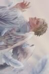  1boy angel_wings blonde_hair commentary_request feathers haruno_nato highres jujutsu_kaisen looking_at_viewer looking_back male_focus nanami_kento parted_lips shirt short_hair solo upper_body white_shirt wings 