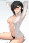  1girl absurdres arms_up bangs black_hair black_panties blush breasts chainsaw_man cleavage commentary english_commentary hair_ornament hairclip higashiyama_kobeni highres hioyami large_breasts long_sleeves looking_at_viewer medium_hair navel open_clothes open_shirt panties parted_lips shirt solo thighs underwear white_shirt 
