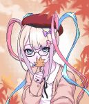  1girl autumn_leaves beret blue_eyes blue_hair chouzetsusaikawa_tenshi-chan covered_mouth eencya glasses hat jacket long_hair long_sleeves looking_at_viewer multicolored_hair needy_girl_overdose official_art pink_hair pixel_art quad_tails shirt solo twintails white_shirt 