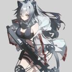  1girl absurdres animal_ear_fluff animal_ears arknights bare_shoulders black_hair black_scarf breasts cat_ears cleavage closed_mouth crossbow gradient_hair grey_hair highres holding holding_crossbow holding_weapon jacket large_breasts long_sleeves looking_at_viewer multicolored_hair off_shoulder open_clothes open_jacket ponytail qtian revealing_clothes scarf schwarz_(arknights) see-through simple_background solo thigh_strap weapon white_jacket yellow_eyes 