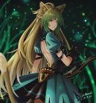  1girl animal_ears arch atalanta_(fate) back bangs bare_back black_gloves blonde_hair bow_(weapon) cat_ears cat_girl cat_tail eyebrows_hidden_by_hair fate/apocrypha fate/grand_order fate_(series) gloves green_eyes green_hair hair_between_eyes holding holding_bow_(weapon) holding_weapon long_hair looking_at_viewer looking_back multicolored_hair open_mouth silberein skirt solo tail weapon 