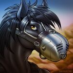  1:1 2022 anthro artist_name black_body black_clothing black_hair black_topwear blue_sky blurred_background bust_portrait clothed clothing dated equid equine glistening glistening_eyes hair horse looking_at_viewer male mammal messy_hair muzzle_(object) muzzled outside portrait rock sky slash_freezen solo topwear yellow_eyes 