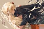  2girls bangs between_breasts black_hair blonde_hair breasts closed_eyes closed_mouth crying crying_with_eyes_open feathers floating_hair hair_between_eyes hair_ribbon head_between_breasts headpat hug inoue_takina long_hair long_sleeves looking_at_another lycoris_recoil multiple_girls neko_(yanshoujie) nishikigi_chisato purple_eyes red_ribbon ribbon short_hair short_sleeves simple_background tears translation_request yuri 