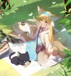  1girl animal_ear_fluff animal_ears arknights arm_support bag black_bag blonde_hair blue_hairband blue_shirt blush bug butterfly cardigan cat creature food fox_ears fox_girl fox_tail frilled_hairband frills from_above full_body grass green_eyes hair_between_eyes hairband handbag heixiu highres holding holding_food long_hair looking_at_viewer luoxiaohei multiple_tails mushroom neck_ribbon official_alternate_costume open_mouth outdoors picnic_basket red_ribbon ribbon riyu_(gauzama) sandwich shirt sitting solo suzuran_(arknights) suzuran_(spring_praise)_(arknights) tail teeth the_legend_of_luo_xiaohei tongue twitter_username upper_teeth very_long_hair white_shirt xuhuai_(the_legend_of_luoxiaohei) yellow_cardigan yokozuwari 