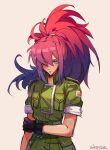 1girl bangs black_gloves blue_eyes gloves green_jacket highres holding_own_arm jacket leona_heidern military military_uniform multicolored_hair non-web_source one_eye_covered orochi_leona ponytail shpr0ta simple_background solo the_king_of_fighters the_king_of_fighters_xv uniform white_background 