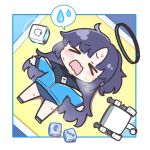  &gt;_&lt; black_shirt blue_archive blue_buruma blue_jacket buruma chibi dice gym_uniform halo heavy_breathing highres hirakecinnamon id_card jacket lanyard partially_unzipped purple_hair shirt sportswear star_(symbol) sticker sticker_on_face sweat track_jacket yuuka_(blue_archive) yuuka_(gym_uniform)_(blue_archive) 