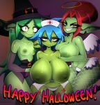  areola big_breasts blue_hair breast_size_difference breasts clothed clothing female garter_belt garter_straps goblin green_areola green_body green_nipples green_skin group hair hat headgear headwear hi_res huge_breasts humanoid medium_breasts nipples not_furry nurse panties red_hair thick_thighs topless trio twistingtoxic underwear witch_hat 