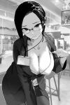  1girl absurdres asymmetrical_bangs bangs breasts camisole cleavage forehead glasses greyscale highres jacket lanyard large_breasts leaning_forward looking_at_viewer monochrome open_clothes open_jacket original pantyhose pencil_skirt petosu_(sunoco) rectangular_eyewear skirt solo sweatdrop 