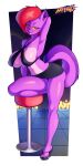  absurd_res anthro biffalo bottomwear clothing domestic_cat ear_piercing felid feline felis female fur furniture hair hi_res mammal miniskirt piercing purple_body purple_fur red_hair skirt solo stool 