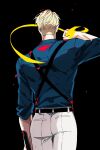  1boy ass back belt black_belt blonde_hair blue_shirt cowboy_shot from_behind grey_pants highres holding holding_weapon jujutsu_kaisen long_sleeves male_focus mochiya_(mochiya0504) nanami_kento pants shirt short_hair sleeves_rolled_up solo suspenders undercut weapon 