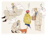  2boys angel_wings animal_print bag blonde_hair blue_shirt brown_footwear cat collared_shirt formal goggles grey_suit holding holding_bag holding_newspaper itadori_yuuji jujutsu_kaisen kijinkutsu leopard_print long_sleeves looking_at_another male_focus multiple_boys nanami_kento necktie newspaper pants paper_bag shirt short_hair sitting squatting suit translation_request wings yellow_necktie 