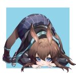  1girl absurdres amiya_(arknights) animal_ears anklet arknights brown_hair chinese_commentary commentary_request highres jack-o&#039;_challenge jewelry long_hair multiple_rings pantyhose plaid plaid_skirt rabbit_ears rabbit_girl ring sidelocks skirt solo tabayashi thumb_ring tongue tongue_out 