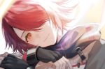  1girl arknights black_gloves blush closed_mouth detached_wings energy_wings exusiai_(arknights) fingerless_gloves gloves hair_over_one_eye halo highres kawausoman looking_at_viewer orange_eyes red_hair short_hair simple_background smile solo upper_body white_background wings 