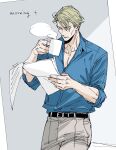  1boy belt black_belt blonde_hair blue_shirt closed_eyes coffee_mug collarbone collared_shirt cup english_text grey_pants highres hikonom holding holding_cup holding_paper jujutsu_kaisen lips long_sleeves male_focus mug nanami_kento pants paper shirt short_hair sleeves_rolled_up solo standing steam upper_body 