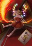  1girl ascot blonde_hair blurry blurry_foreground candlelight crystal depth_of_field flandre_scarlet fleuriste frilled_shirt_collar frilled_skirt frills full_body glowing glowing_wings hat highres indoors laevatein_(touhou) lit_candle looking_at_viewer medium_hair mob_cap multicolored_wings no_shoes open_mouth pointy_ears puffy_short_sleeves puffy_sleeves red_carpet red_eyes red_ribbon red_skirt red_vest ribbon ribbon-trimmed_headwear ribbon_trim shirt short_sleeves skirt skirt_set socks solo spell_card touhou vest white_headwear white_shirt white_socks wings yellow_ascot 