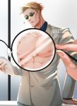  1boy blonde_hair chuuta_(chuutadesu) formal goggles grey_suit highres holding holding_paper jujutsu_kaisen long_sleeves looking_at_viewer muscular muscular_male nanami_kento nipples paper short_hair standing suit upper_body x-ray 