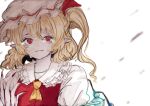  1girl ascot blonde_hair collared_shirt crying crying_with_eyes_open fingernails flandre_scarlet fleuriste frilled_shirt_collar frills hat hat_ribbon highres looking_at_viewer medium_hair mob_cap multicolored_wings nail_polish pointy_ears puffy_short_sleeves puffy_sleeves red_eyes red_nails red_ribbon red_vest ribbon sharp_fingernails shirt short_sleeves side_ponytail simple_background solo tears touhou upper_body vest white_background white_headwear white_shirt wings yellow_ascot 