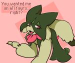 all_fours anthro catjam_(artist) fangs flower fur genitals green_body green_fur hi_res leaked_pokemon looking_at_viewer male meowscarada nintendo penis pink_background plant pokemon pokemon_(species) simple_background solo tongue video_games 