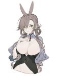  animal_ears arm_at_side arm_up breasts brown_eyes closed_mouth corset covered_navel eyes_visible_through_hair fake_animal_ears hand_up highres large_breasts light_brown_hair looking_at_viewer nontraditional_playboy_bunny rabbit shawl toned upper_body white_shawl yoimon 