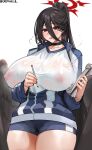  1girl absurdres black_choker black_hair black_wings blue_archive blush breasts choker covered_nipples cromwellb feathered_wings gym_uniform hair_between_eyes halo hasumi_(blue_archive) hasumi_(gym_uniform)_(blue_archive) heavy_breathing highres huge_breasts jacket large_wings long_hair mole mole_under_eye official_alternate_costume partially_unzipped pen ponytail pussy_juice pussy_juice_drip_through_clothes red_eyes see-through see-through_shirt shirt shorts simple_background solo sportswear track_jacket very_long_hair white_background white_shirt wings 