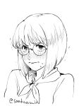  1girl apple_(suikoden) blush breasts closed_mouth gensou_suikoden gensou_suikoden_ii glasses greyscale looking_at_viewer monochrome sakai_(motomei) short_hair simple_background solo twitter_username white_background 