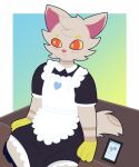  &lt;3 2022 anthro blush blush_lines cellphone clothed clothing felid feline fernando_85 fur gloves green_pupils handwear hi_res maid_uniform mammal mouth_closed phone pupils red_eyes sitting smartphone solo uniform yellow_sclera 