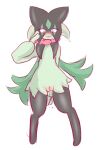  anthro black_mask blush body_blush dripping_pussy fangs felid feline female fur generation_9_pokemon genitals green_body green_fur hi_res humanoid_genitalia jaspixie leaked_pokemon leaking_pussy mammal meowscarada nintendo pokemon pokemon_(species) pussy pussy_blush solo video_games 